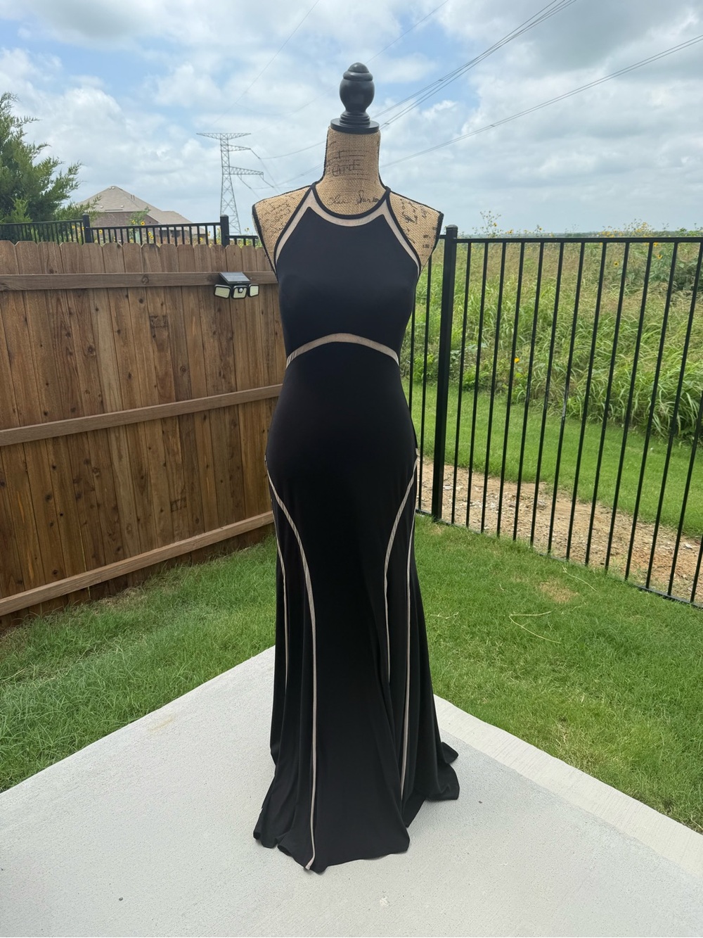 Elegant Black Halter Evening Gown with Contrast Piping